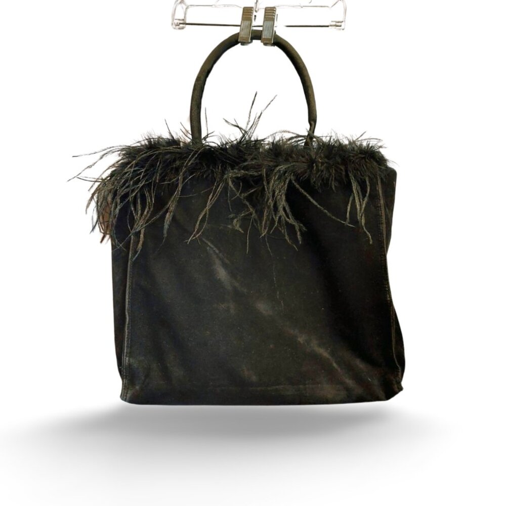 MURVAL Boutique Ostrich Feather Trimmed Black Velveteen Tote Handbag, Med.